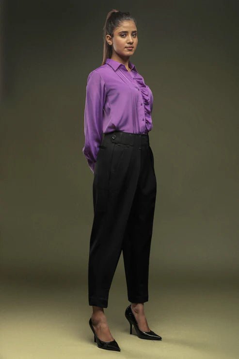 Purple Frill Shirt & Black Baggy Cropped Trouser Combo - Dheeraj Sharma