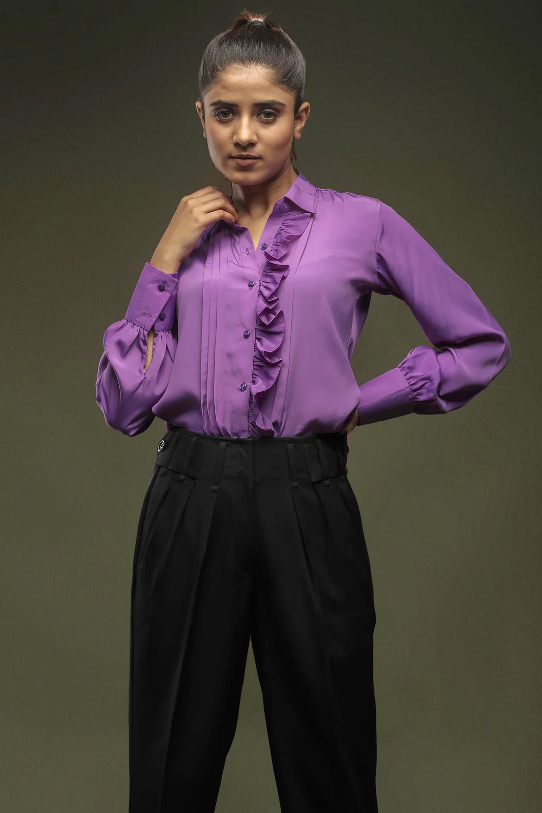 Purple Frill Shirt & Black Baggy Cropped Trouser Combo - Dheeraj Sharma