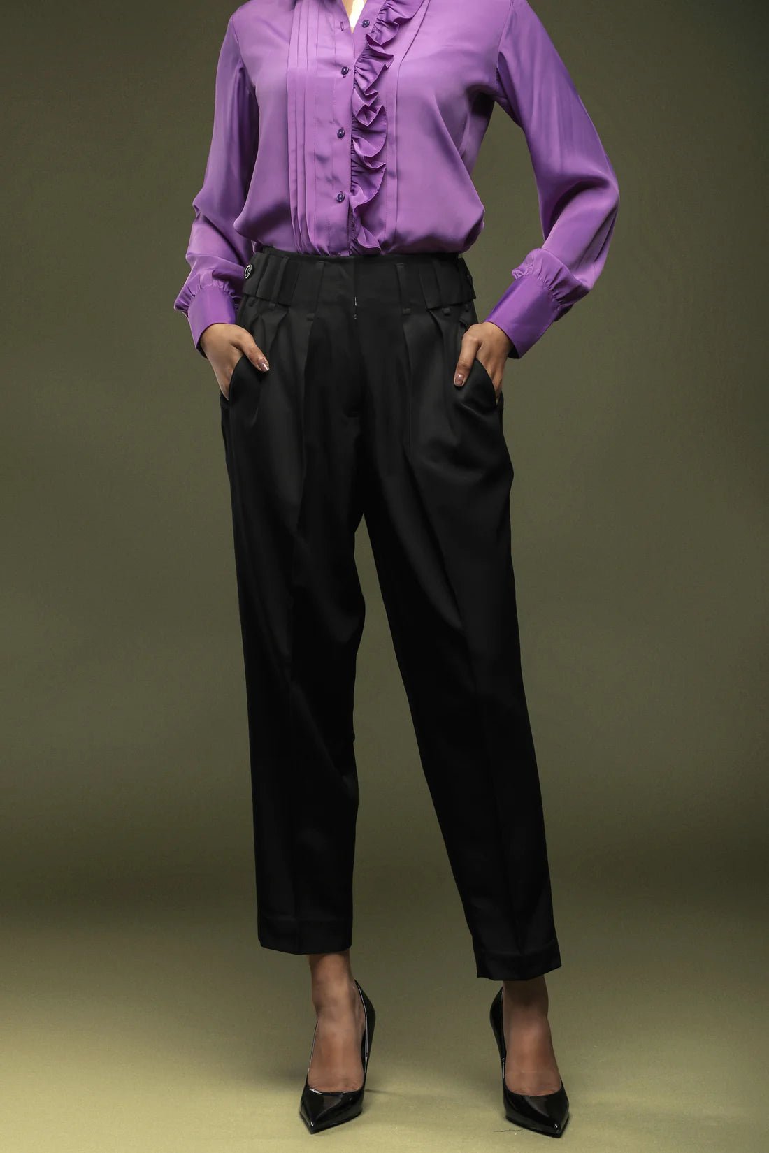 Purple Frill Shirt & Black Baggy Cropped Trouser Combo - Dheeraj Sharma