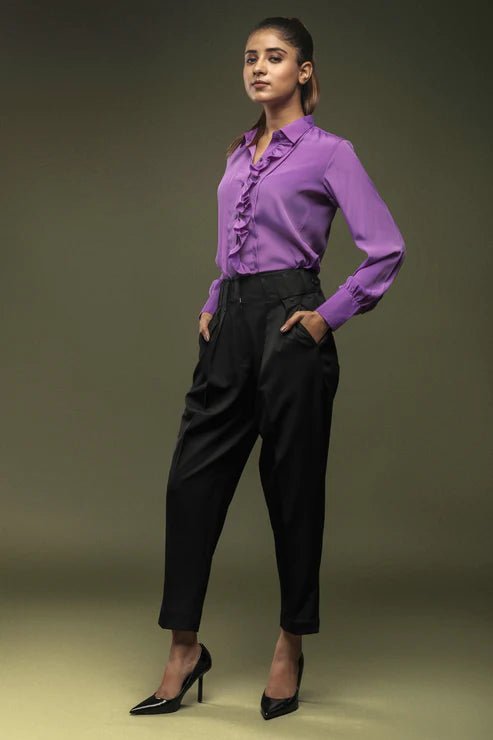 Purple Frill Shirt & Black Baggy Cropped Trouser Combo - Dheeraj Sharma