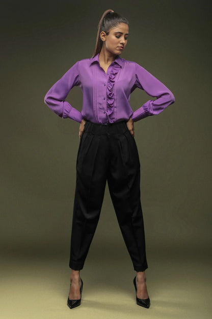 Purple Frill Shirt & Black Baggy Cropped Trouser Combo - Dheeraj Sharma