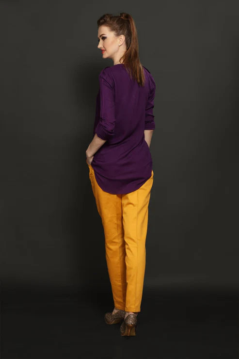 Purple V-Neck Shirt & Yellow Cotton Trouser combo