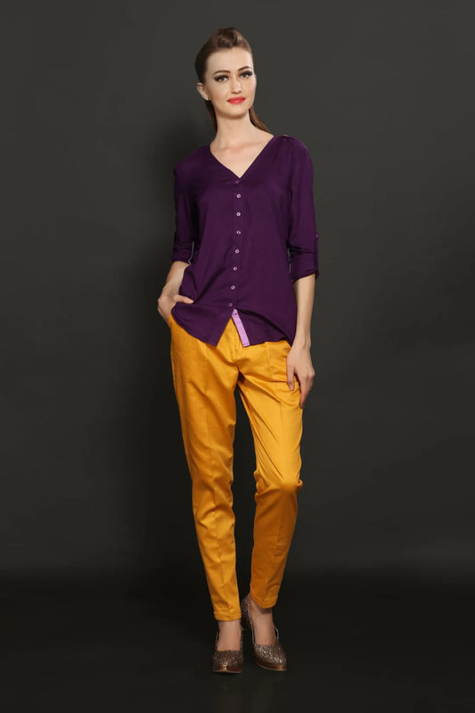 Purple V-Neck Shirt & Yellow Cotton Trouser combo