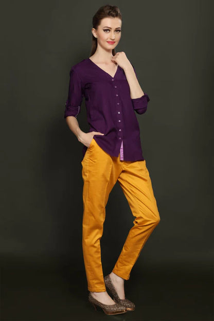 Purple V-Neck Shirt & Yellow Cotton Trouser combo