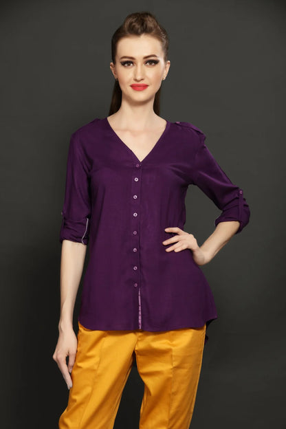 Purple V-Neck Shirt & Yellow Cotton Trouser combo