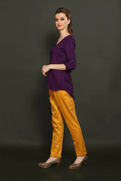 Purple V-Neck Shirt & Yellow Cotton Trouser combo