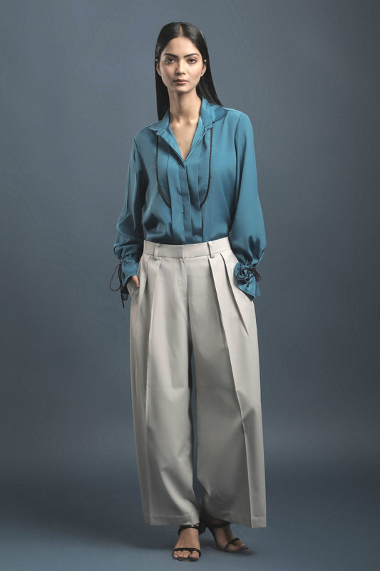 Rama Blue Crepe Shirt & Grey Loose Pants Combo - Dheeraj Sharma