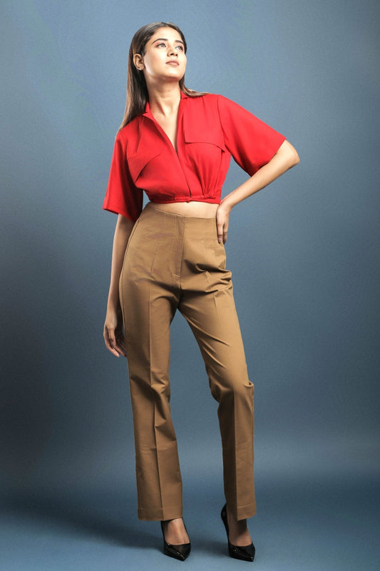 Red Crop Shirt & Brown Cotton Pants Combo - Dheeraj Sharma