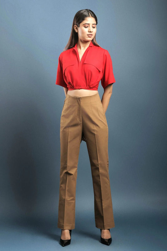 Red Crop Shirt & Brown Cotton Pants Combo - Dheeraj Sharma