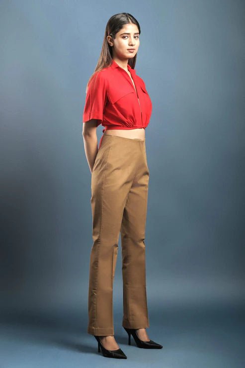 Red Crop Shirt & Brown Cotton Pants Combo - Dheeraj Sharma