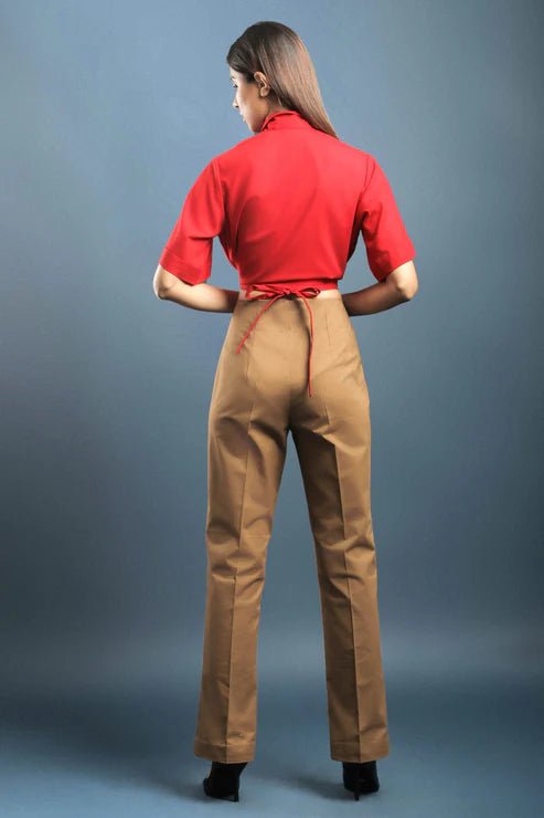 Red Crop Shirt & Brown Cotton Pants Combo - Dheeraj Sharma