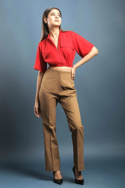 Red Crop Shirt & Brown Cotton Pants Combo - Dheeraj Sharma