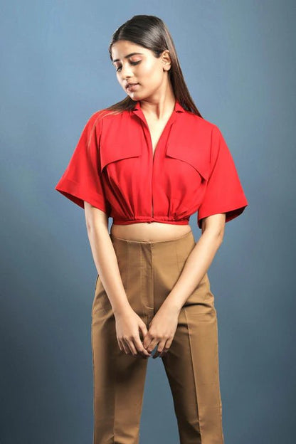 Red Crop Shirt & Brown Cotton Pants Combo - Dheeraj Sharma