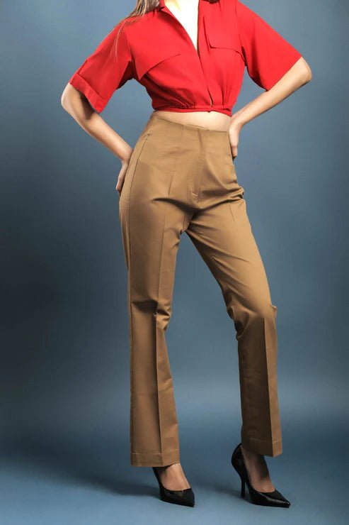 Red Crop Shirt & Brown Cotton Pants Combo - Dheeraj Sharma