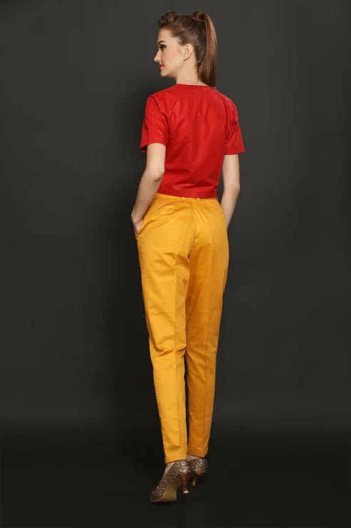 Red Crop Shirt & Yellow Cotton Trouser Combo - Dheeraj Sharma