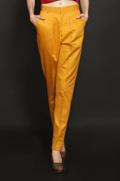 Red Crop Shirt & Yellow Cotton Trouser Combo - Dheeraj Sharma