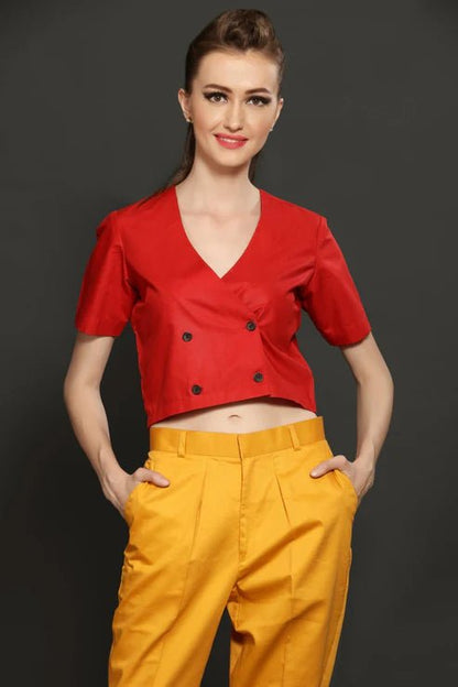 Red Crop Shirt & Yellow Cotton Trouser Combo - Dheeraj Sharma