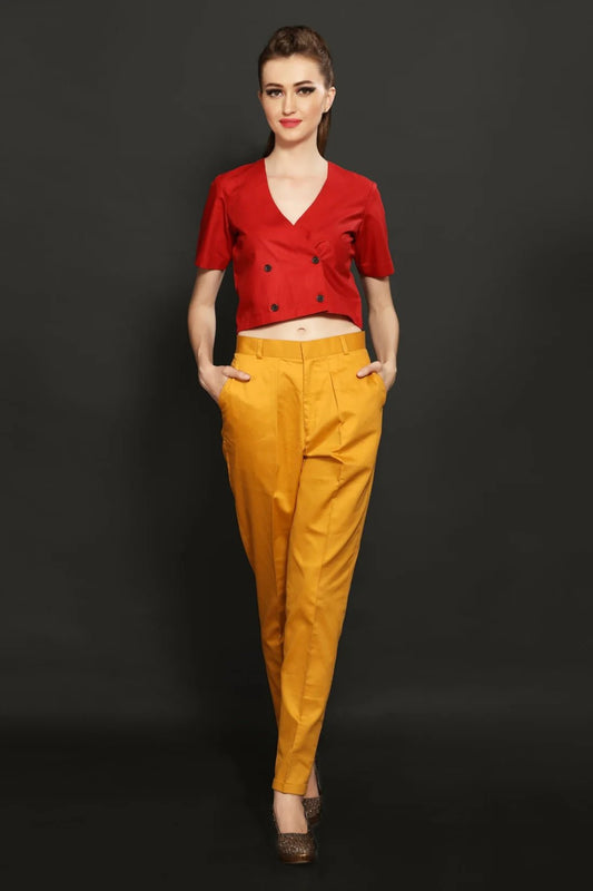 Red Crop Shirt & Yellow Cotton Trouser Combo - Dheeraj Sharma