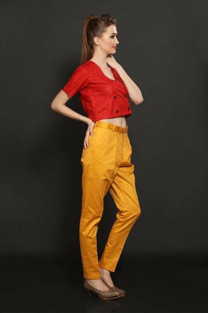 Red Crop Shirt & Yellow Cotton Trouser Combo - Dheeraj Sharma