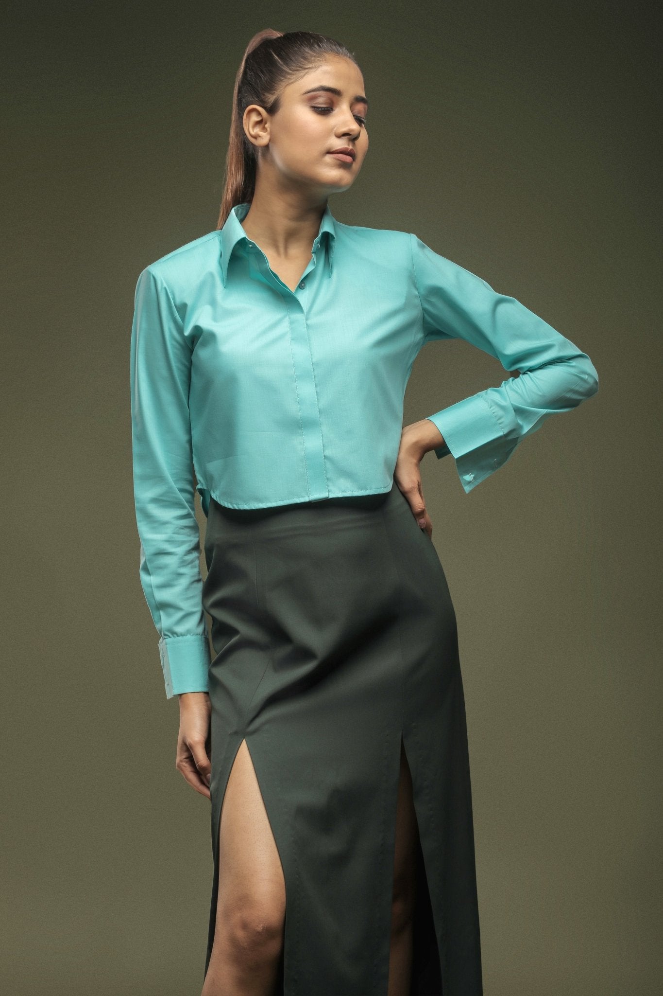 Sea Blue Cropped Shirt - Dheeraj Sharma