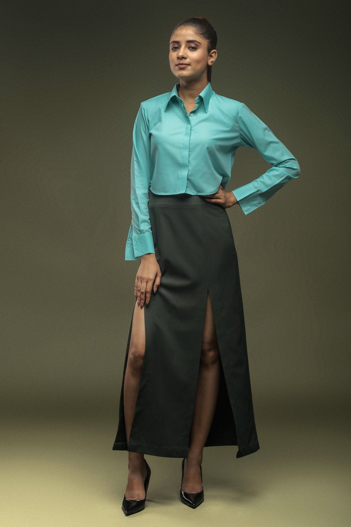 Sea Blue Cropped Shirt - Dheeraj Sharma