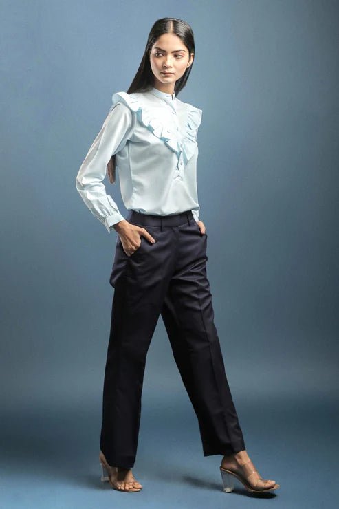 Sky Blue Frill Shirt & Navy Blue Bootcut Trouser - Dheeraj Sharma