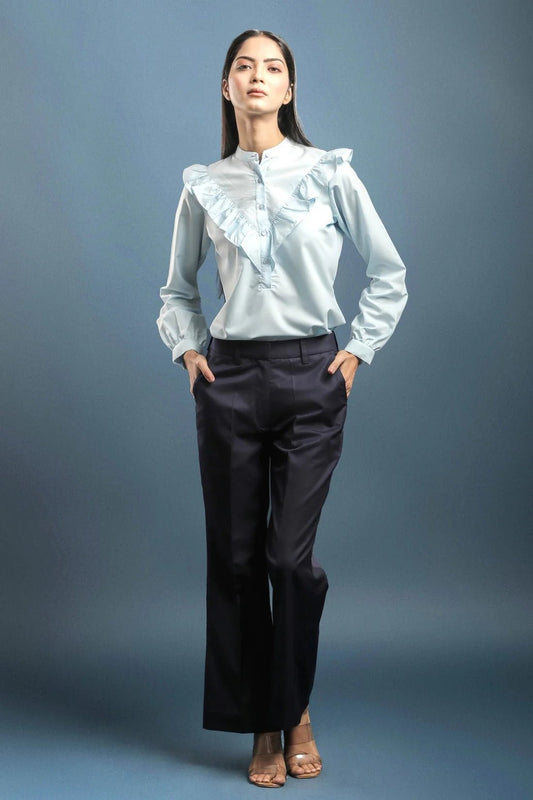 Sky Blue Frill Shirt & Navy Blue Bootcut Trouser - Dheeraj Sharma