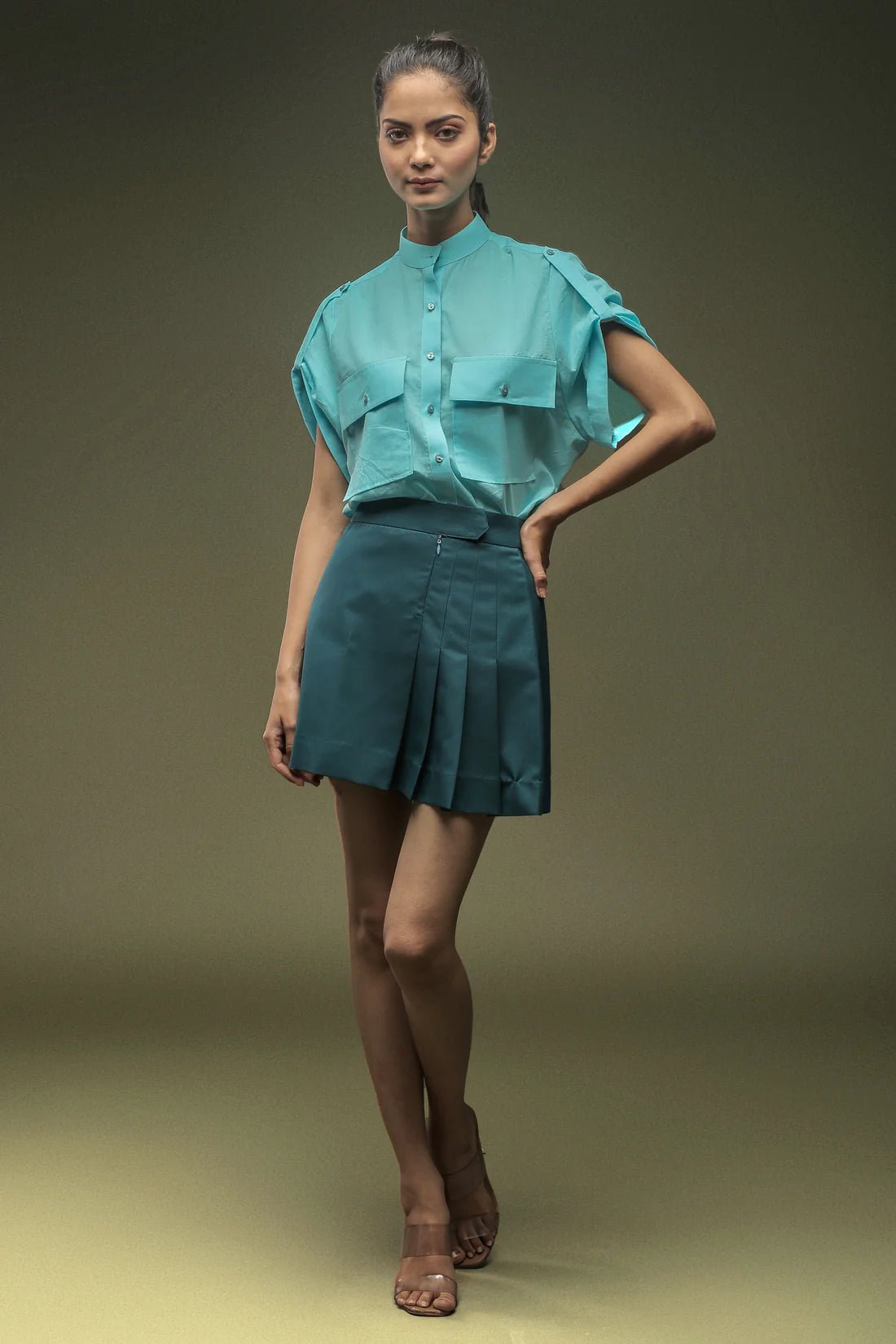 Sky Blue Mandarin Collar Shirt & Teal Blue Pleated Short Skirt Combo - Dheeraj Sharma