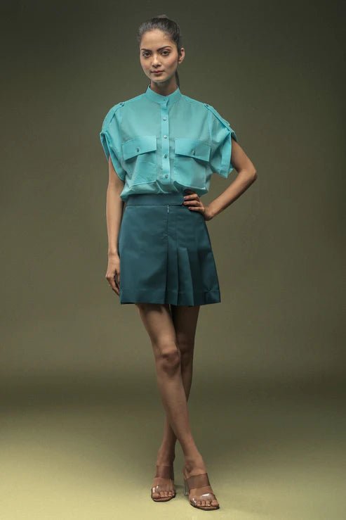 Sky Blue Mandarin Collar Shirt & Teal Blue Pleated Short Skirt Combo - Dheeraj Sharma