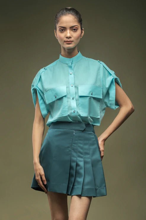 Sky Blue Mandarin Collar Shirt & Teal Blue Pleated Short Skirt Combo - Dheeraj Sharma