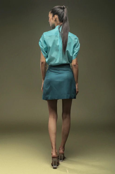 Sky Blue Mandarin Collar Shirt & Teal Blue Pleated Short Skirt Combo - Dheeraj Sharma