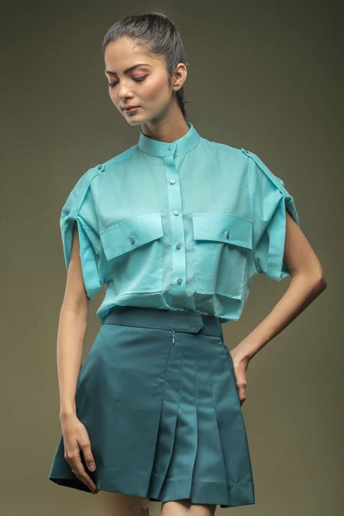 Sky Blue Mandarin Collar Shirt & Teal Blue Pleated Short Skirt Combo - Dheeraj Sharma