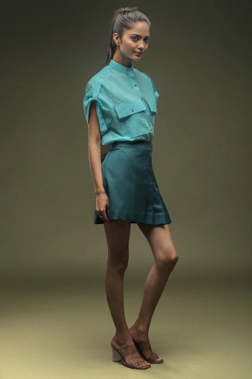 Sky Blue Mandarin Collar Shirt & Teal Blue Pleated Short Skirt Combo - Dheeraj Sharma