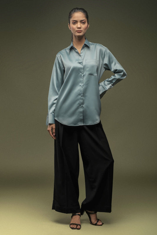 Teal Blue Satin Shirt - Dheeraj Sharma
