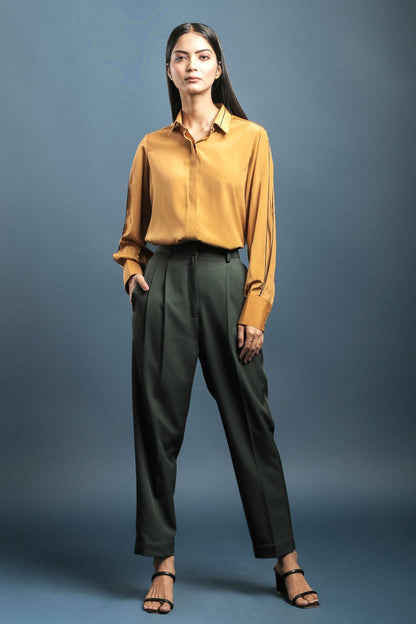 Turmeric Yellow Crepe Shirt & Dark Green Double Pleated Trouser Combo - Dheeraj Sharma