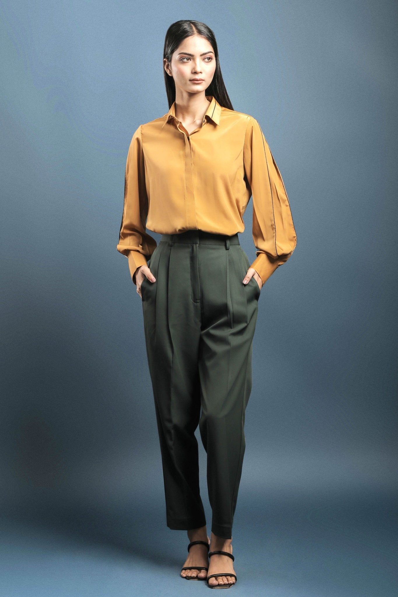 Turmeric Yellow Crepe Shirt & Dark Green Double Pleated Trouser Combo - Dheeraj Sharma