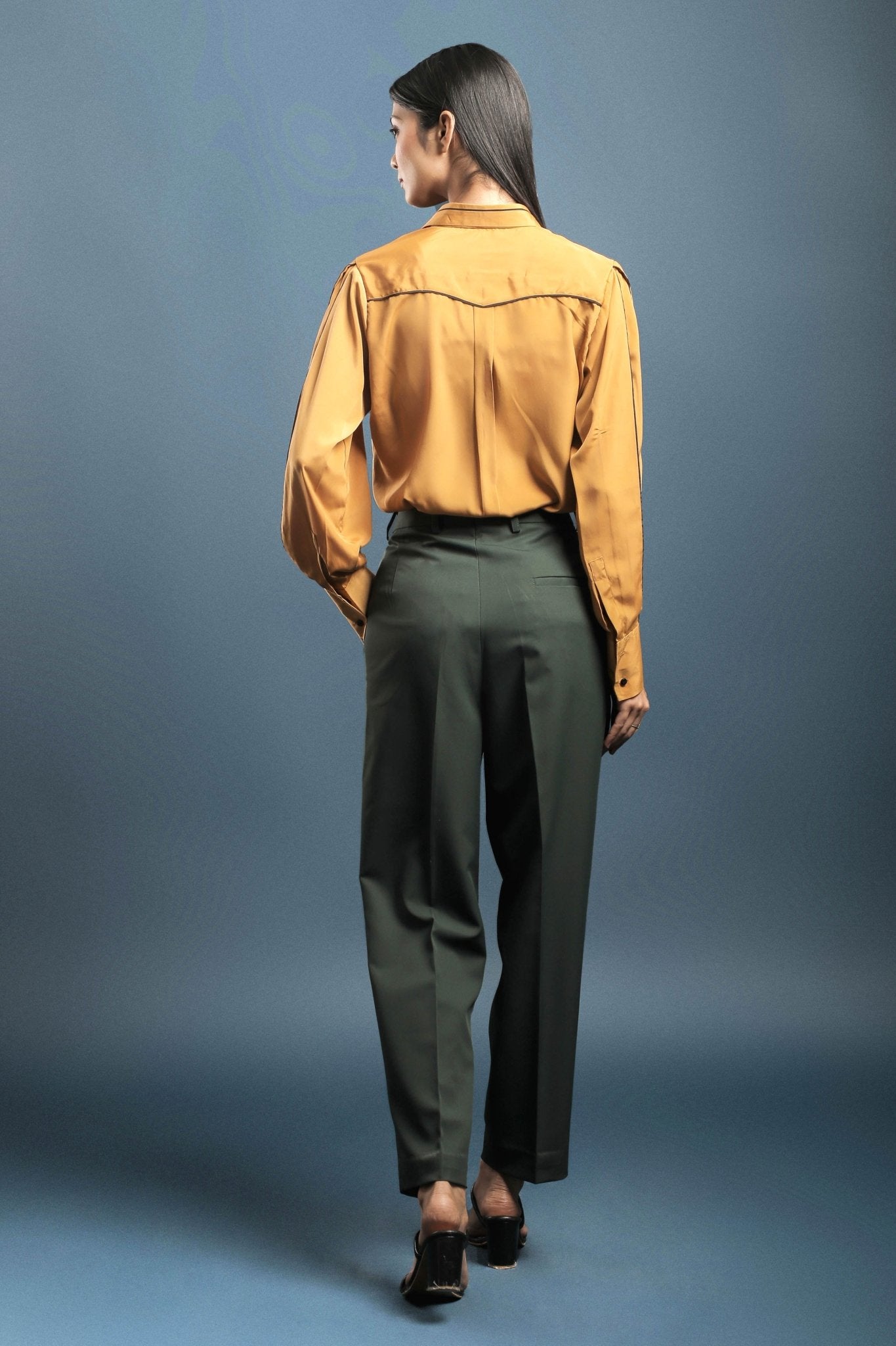 Turmeric Yellow Crepe Shirt & Dark Green Double Pleated Trouser Combo - Dheeraj Sharma