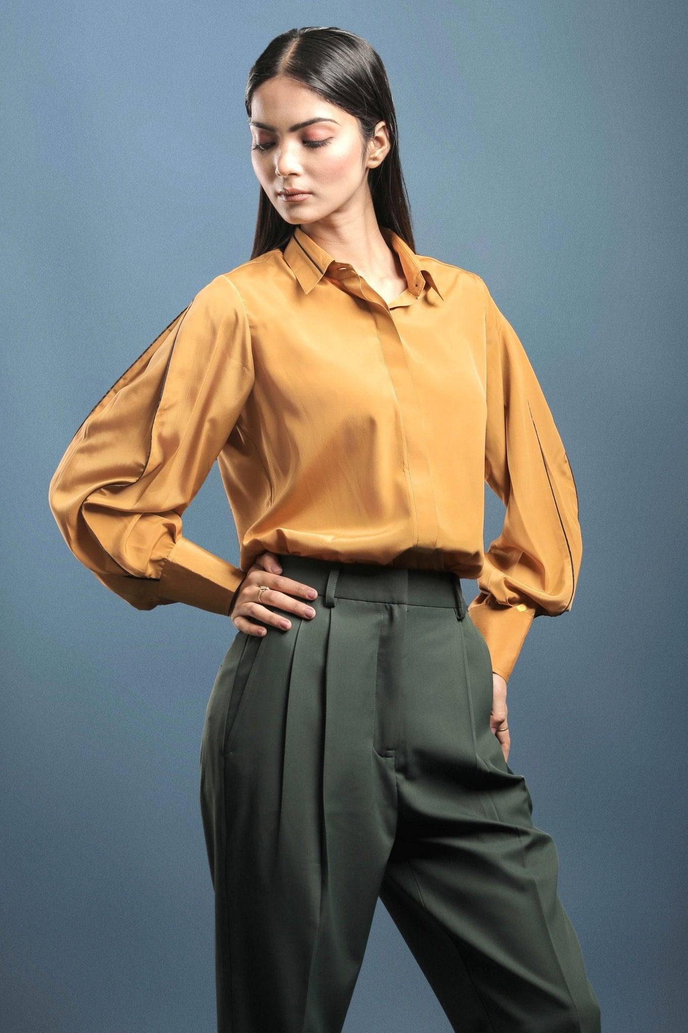 Turmeric Yellow Crepe Shirt & Dark Green Double Pleated Trouser Combo - Dheeraj Sharma