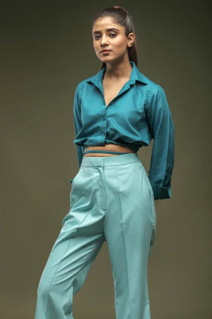 Turquoise Blue Crop Shirt & Sky Blue Bellbottom Trouser Combo - Dheeraj Sharma