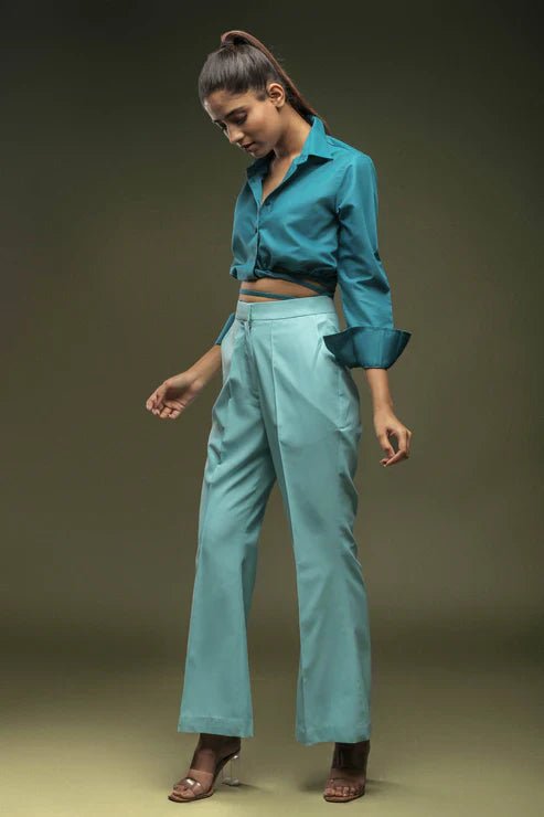 Turquoise Blue Crop Shirt & Sky Blue Bellbottom Trouser Combo - Dheeraj Sharma