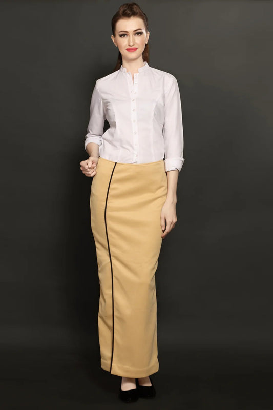 White Chinese Collar Shirt & Beige Long Skirt Combo - Dheeraj Sharma