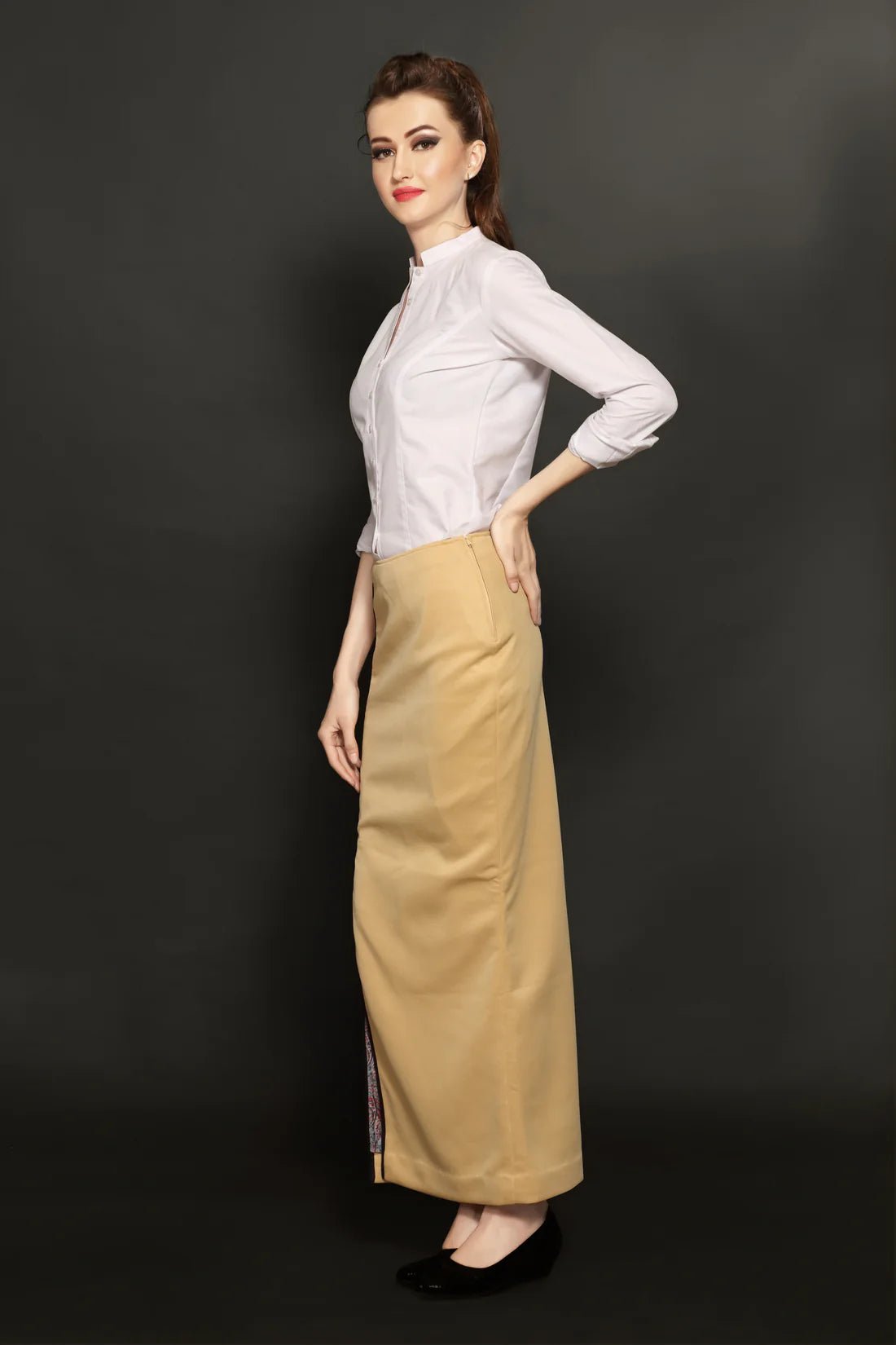 White Chinese Collar Shirt & Beige Long Skirt Combo - Dheeraj Sharma