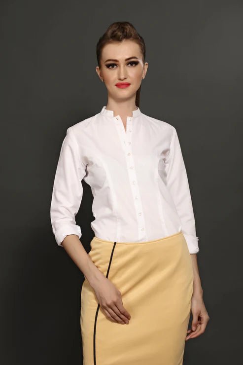 White Chinese Collar Shirt & Beige Long Skirt Combo - Dheeraj Sharma