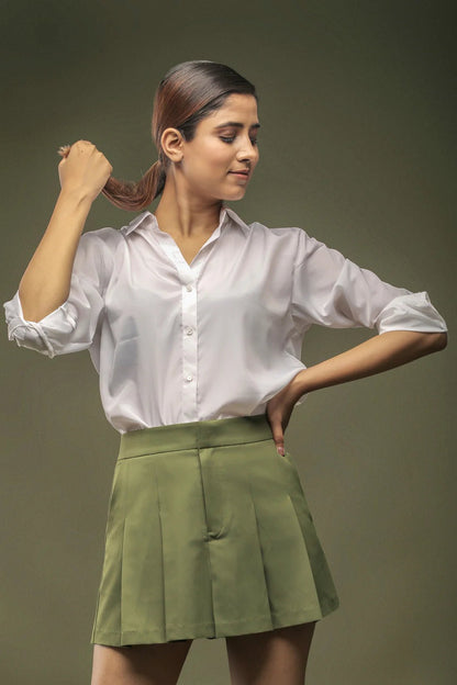 White Crepe Loose Shirt & Pastel Green Pleated Skirt Combo - Dheeraj Sharma