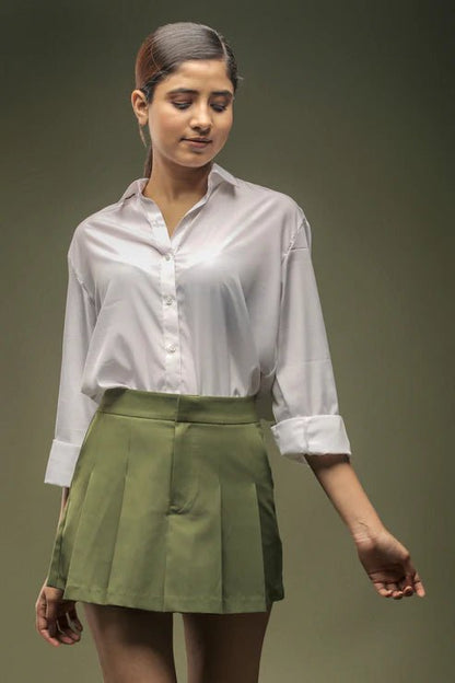 White Crepe Loose Shirt & Pastel Green Pleated Skirt Combo - Dheeraj Sharma