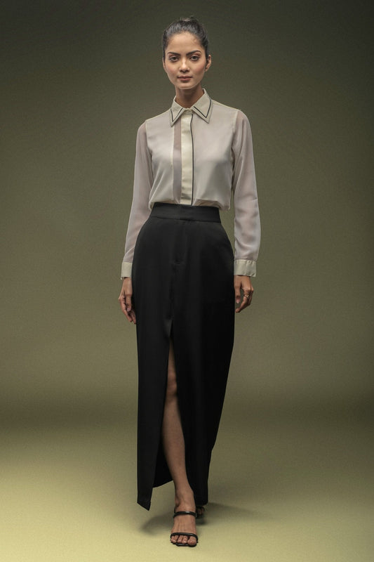 White Crepe Piping Shirt & Full Length Black Skirt Combo - Dheeraj Sharma