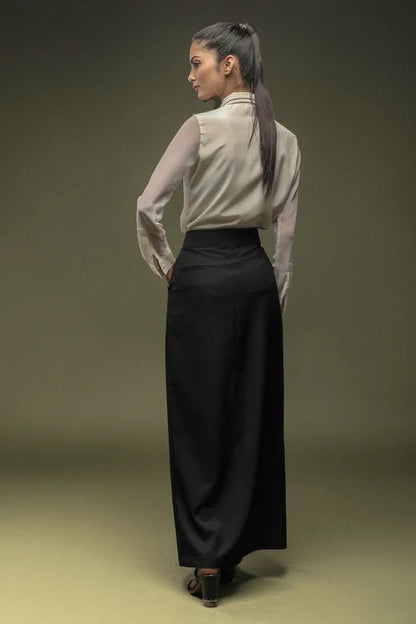 White Crepe Piping Shirt & Full Length Black Skirt Combo - Dheeraj Sharma