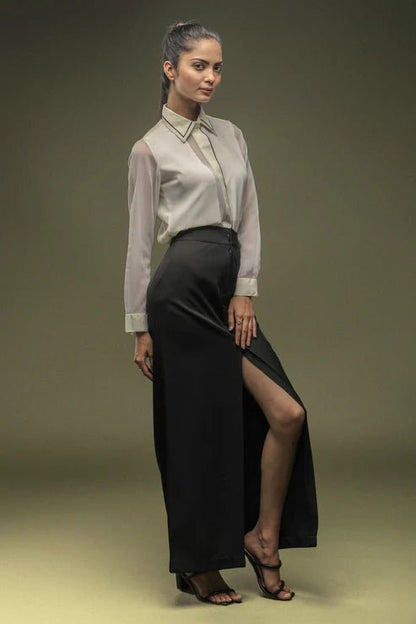 White Crepe Piping Shirt & Full Length Black Skirt Combo - Dheeraj Sharma