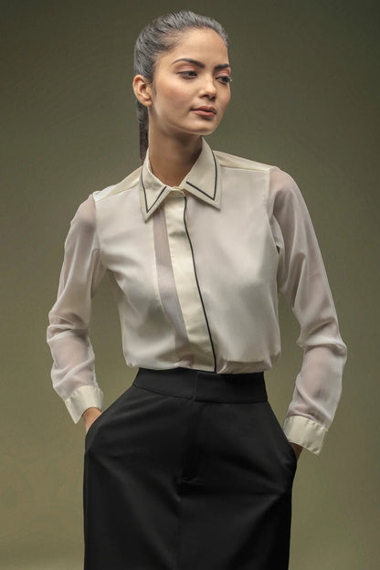 White Crepe Piping Shirt & Full Length Black Skirt Combo - Dheeraj Sharma