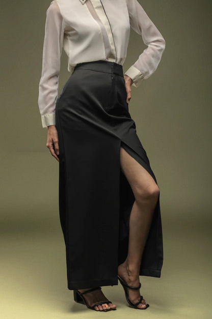 White Crepe Piping Shirt & Full Length Black Skirt Combo - Dheeraj Sharma